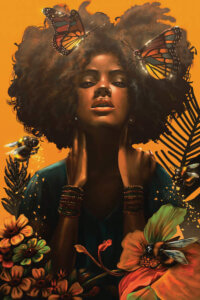 “Blossom” by alvinpbx shows a woman holding her neck while two butterflies rest in her afro and three bees consume pollen from nearby flowers.