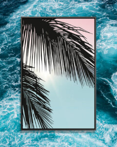 “Aloha” by Amy & Kurt Berlin shows black palm leaves in front of a blue and pink background.