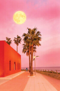 “Super Moon” by Beli shows palm trees next to a red building under a yellow super moon and pink sky.