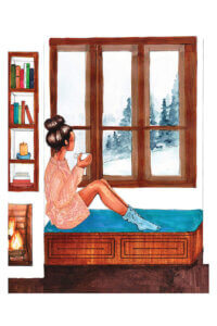 “Snowed In” by Brooke Ashley shows a woman holding a mug while gazing at a snow-covered forest as she sits on a window sill next to a fire.