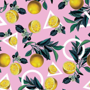 “Lemon Classic” by Burcu Korkmazyurek shows lemons and leaves surrounded by triangles and circles against a lavender background.
