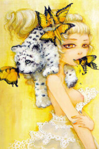 “Bad Madeline” by Camilla d’Errico shows a topless woman with yellow butterflies in her hair and mouth while a snow leopard rests over her shoulders.