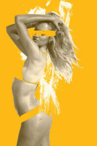 “Pop Yellow” by Caroline Wendelin shows a woman running her fingers through her hair while wearing a yellow bikini that disappears into the yellow background.