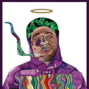 “Comfort” by Edo shows a colorful portrait of rapper ASAP Yams comprised of various shapes and symbols.