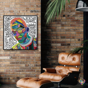 “Hurt” by Edo shows a colorful portrait of artist Keith Haring comprised of various shapes and symbols.