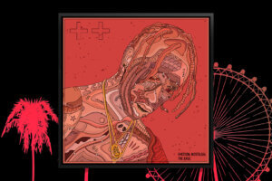 “The Rage” by Edo shows a red portrait of musician Travis Scott comprised of various shapes and symbols.