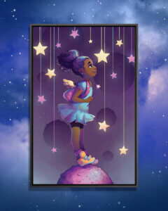 “Reach For The Stars” by Geneva B shows a little girl standing on a purple rock in a purple sky while gazing into the stars surrounding her.