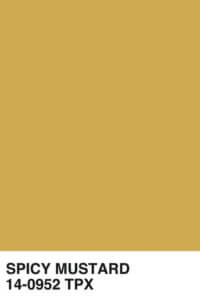 “Spicy Mustard 14-0952 TPX” by Honeymoon Hotel shows a yellow Pantone strip of the color spicy mustard.