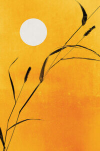 “Sunny Side” by Kubistika shows a white sun and a single, black cattail plant against a golden yellow background.