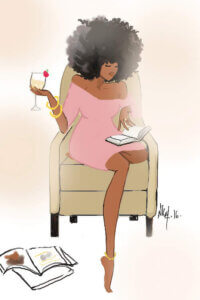 “Sunday Night II” by Nicholle Kobi shows a woman in an off-shoulder pink dress holding a cocktail while sitting in a chair and reading a book.
