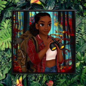 “Explorer” by Princess Karibo shows a woman holding binoculars and wearing a backpack while standing in a forest filled with red and yellow leaves.