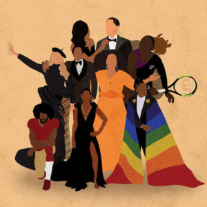 Illustration of a group of famous African American icons, such as Barack and Michelle Obama, Beyonce and Jay-Z, Serena Williams, and Colin Kaepernick