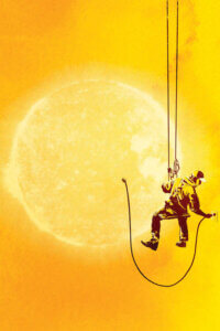 “Forever Longing” by Rob Dobi shows a man plugging in a glowing yellow sun into a nearby outlet.