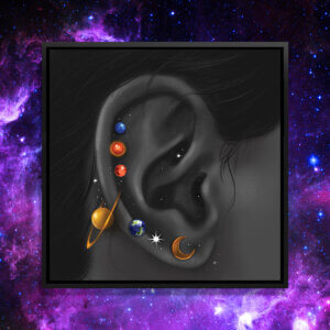 A female's ear with multiple planet-shaped piercings