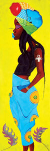 “She Waits II” by Tiffani Glenn shows a woman with a colorful scarf wrapped around her head wearing a black top and blue skirt against a yellow background.