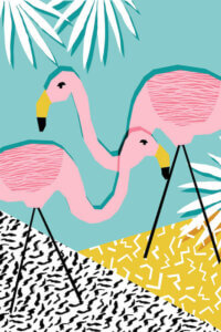 “Bro” by Wacka Design shows two pink flamingos standing on a white and yellow floor with a teal background.