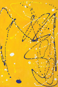 “Leap” by Yolanda Fernandez-Shebeko shows a yellow background with scattered blue and white dots forming lines.
