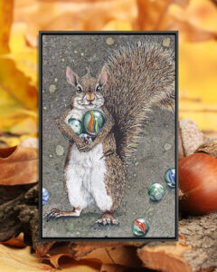 “Totally Marbles” by Maggie Vandewalle shows a smiling squirrel holding marbles.