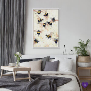 “Fermented” by Maggie Vandewalle shows ten bumblebees in flight against a honeycomb background.