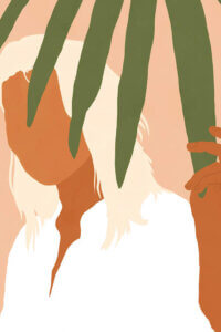 “Musafir” by 83 Oranges shows a faceless woman with white-blonde hair wearing a white shirt while holding onto a green leaf.