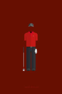 Minimalist poster of the outline of Tiger Woods and a golf club against a dark red background