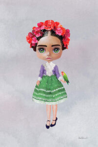 Image of Frida Kahlo depicted as a doll with big green eyes wearing a red and pink flower crown and a green skirt holding a sun conure on her hand