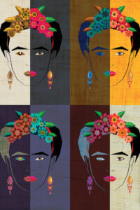 Four-part illustration of Frida Kahlo's face in multiple colors and textures