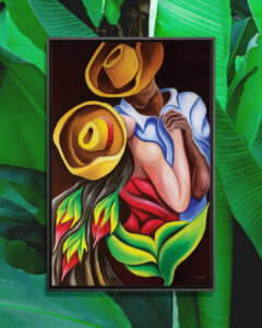 “Dancing” by Dixie Miguez shows a faceless man and woman wearing hats and holding hands while dancing.
