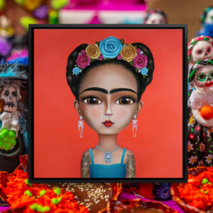 Doll-like image of Frida Kahlo wearing a blue, yellow and pink flower crown, skeleton earrings, a skull necklace, and with tattoos on her arms