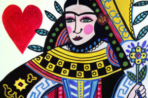 Illustration of Frida Kahlo wearing an intricate, saint-like outfit and holding a flower next to a big red heart