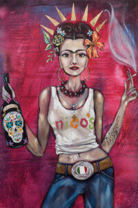 Illustration of a modernized Frida Kahlo wearing gold hoop earrings, a tank top and jeans, a belt with the Mexican flag on it, and a "Diego" tattoo on her arm, holding a cigarette and a bottle of tequila