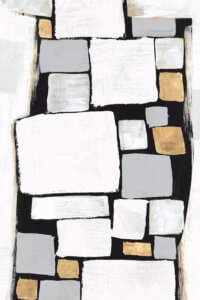 “Stacks II” by Isabelle Z shows white, silver, and gold tile-like squares.