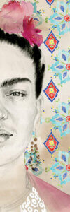 Illustration of the left half of Frida Kahlo's face with a blue, yellow, red and green wallpaper-like pattern in the background