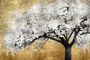 “Silver Blossoms” by Kate Bennett shows a silver cherry blossom tree against a gold background.