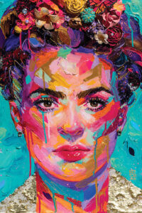 Textured, multi-color portrait of Frida Kahlo in blue, purple, pink, and gold with paint drips throughout