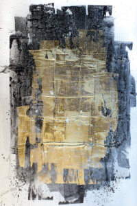 “Midnight Gold” by Kent Youngstrom shows a gold, black, and gray patch-like figure.