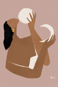 “Day And Night” by Maggie Stephenson shows a faceless woman holding a white sun and moon in her hands against a mauve background.