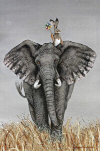 “After The Parade” by Maggie Vandewalle shows a rabbit holding a rainbow pinwheel while sitting on top of an elephant.