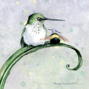 “Camaradarie” by Maggie Vandewalle shows a bird and a bumblebee sitting on a green, curled leaf.
