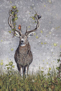 “Stag” by Maggie Vandewalle shows a stag in tall grass with a bird and mouse sitting on its plant-filled antlers.