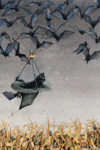 “Straight On Till Morning” by Maggie Vandewalle shows a group of flying bats holding an upside down witch hat carrying a black cat over a dried cornfield.