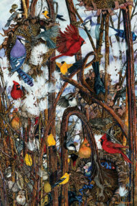 “Thicket” by Maggie Vandewalle shows red, yellow, and blue birds sitting on twisted branches.