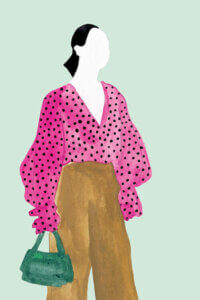 “Standing Figure II” by Melissa Wang shows a faceless woman with black hair wearing a pink, ruffled, polka dot blouse tucked into brown pants while holding a green purse.