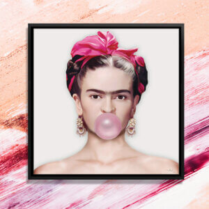 Multimedia photo of Frida Kahlo wearing a pink bow around her head and blowing a pink bubble gum