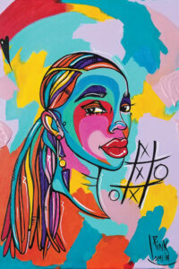 Painting of a black woman with long braids pulled into a pony tail wearing geometric drop earrings against a multi-color background