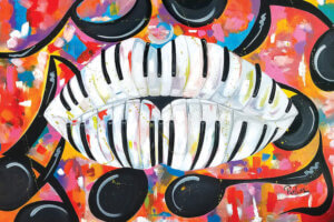 Painting of piano keys formed into the shape of female lips with music notes surrounding them against a multi-color background