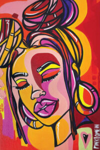Painting of a black woman with her hair pulled up into two buns wearing large hoop earrings against a red, yellow and purple background
