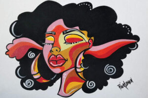 Painting of a black woman with curly black hair with streaks of red and pink in it, wearing large hoop earrings against a neutral background