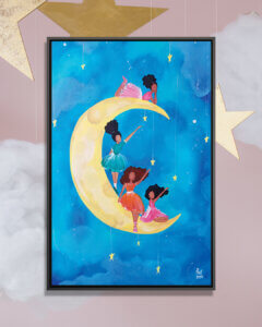 Painting of four black girls wearing pink, orange, and turquoise dresses sitting on a yellow crescent moon in blue clouds reaching for the sky