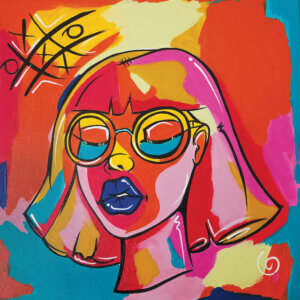 Painting of a black woman with short hair, glasses, and blue lipstick against a multi-color background